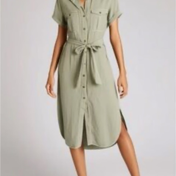 Lucky Brand Dresses & Skirts - NWT Lucky Brand Green Linen Blend Button Front Shirt Dress Belted Women’s Size L